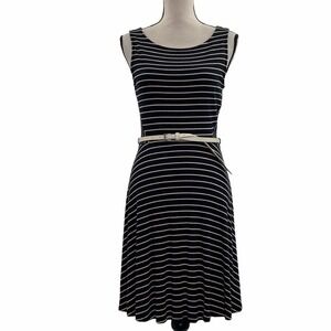 GILLIO Mini Black Striped A-Line Belted Dress L